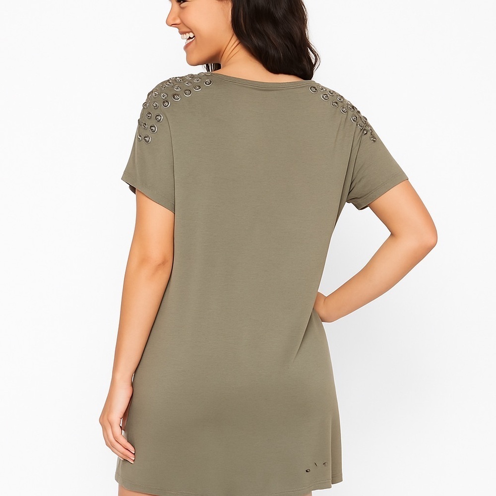 ANTHROPOLOGIE’S “POL” Army Green Distressed Tee Dress w/ Stud Decor Size M - Picture 2 of 13